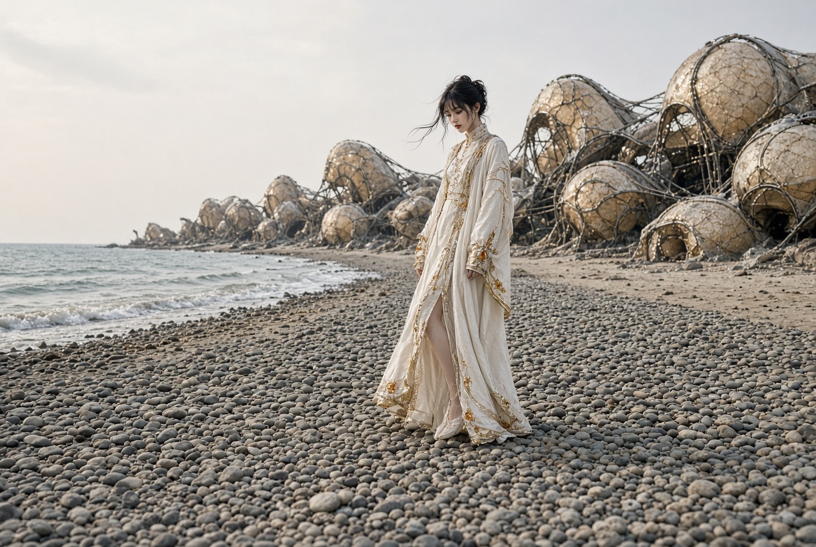Sea-shore city, amber and graphite