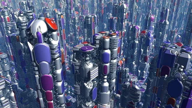 Jittered City shapes colour-carved with a conics elements RGBA DF pattern